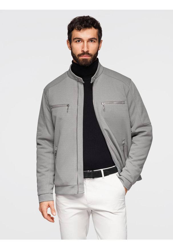 Ombre Clothing - Męska kurtka typu biker z kieszeniami i stójką – szara V3 - Rozmiar: L. Okazja: na co dzień. Typ kołnierza: kołnierzyk stójkowy. Kolor: szary. Materiał: poliester, syntetyk, materiał, tkanina. Wzór: ze splotem. Styl: casual