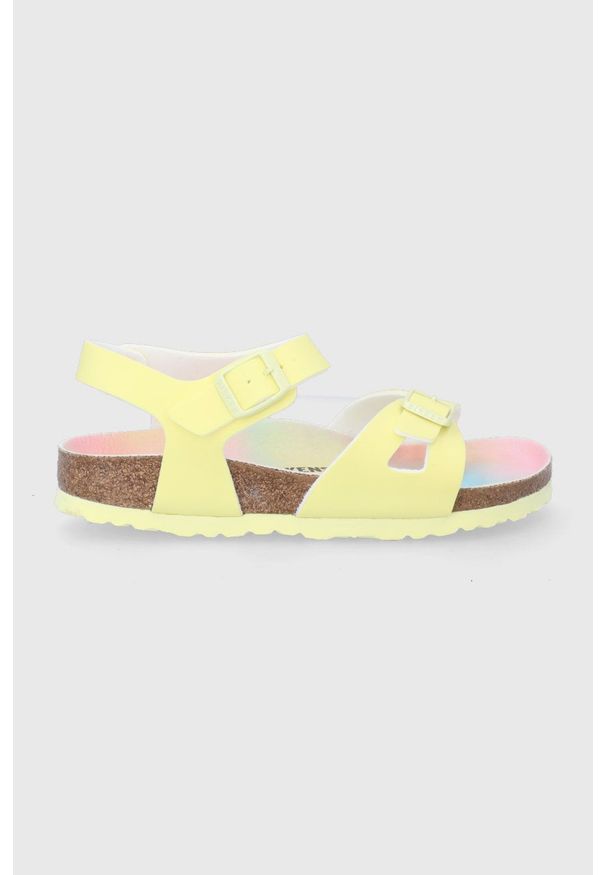 Birkenstock sandały dziecięce Rio kolor żółty. Zapięcie: klamry. Kolor: żółty. Materiał: guma, materiał. Wzór: gładki. Obcas: na obcasie. Wysokość obcasa: niski