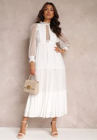 Renee - Biała Sukienka z Bufiastym Rękawem Ozdobiona Tiulowymi Wstawkami Laluna. Kolor: biały. Materiał: tiul. Wzór: aplikacja #1