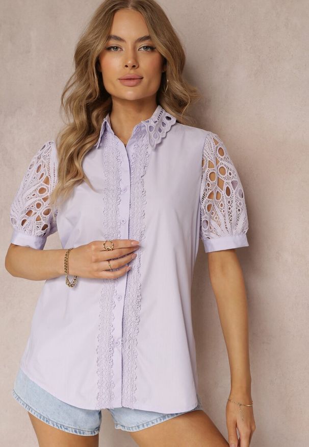 Renee - Fioletowa Koszula z Ozdobnym Kołnierzem i Rękawami z Koronkowymi Wstawkami Brixta. Kolor: fioletowy. Materiał: koronka. Styl: elegancki