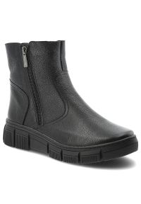 Botki damskie Wasak, z licowej skóry na płaskim obcasie i zapinane na suwak, czarne, 730. Zapięcie: zamek. Kolor: czarny. Materiał: skóra. Wzór: grochy. Obcas: na obcasie. Styl: elegancki, klasyczny. Wysokość obcasa: niski #9