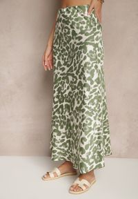 Renee - Zielono-Beżowa Panterkowa Spódnica z Wiskozy High Waist Fevirellea. Okazja: na co dzień, na spacer. Stan: podwyższony. Kolor: zielony. Materiał: wiskoza. Wzór: motyw zwierzęcy. Styl: elegancki, casual
