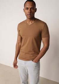 Born2be - Brązowa Koszulka T-shirt z Bawełny z Dekoltem w Serek Rionisse. Okazja: do domu, do pracy. Typ kołnierza: dekolt w serek. Kolor: brązowy. Materiał: bawełna. Styl: klasyczny, elegancki #3