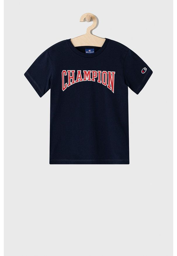 Champion T-shirt dziecięcy 305671 kolor granatowy z nadrukiem. Okazja: na co dzień. Kolor: niebieski. Materiał: dzianina. Wzór: nadruk. Styl: casual