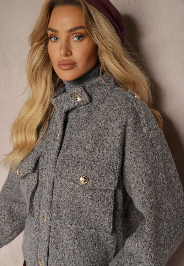 Renee - Szara Kurtka Utility z Kieszeniami z Klapami i Bufiastymi Rękawami Niraleen. Okazja: na co dzień. Kolor: szary. Materiał: jeans. Styl: casual