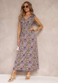 Renee - Fioletowa Kwiecista Sukienka Maxi z Gumką w Talii z Wiskozy Aslana. Kolor: fioletowy. Materiał: wiskoza. Długość rękawa: bez rękawów. Sezon: lato, wiosna. Typ sukienki: kopertowe, rozkloszowane. Długość: maxi