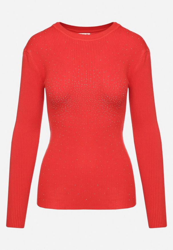 Born2be - Czerwony Sweter Prążkowany z Cyrkoniami Romivra. Okazja: na co dzień. Kolor: czerwony. Materiał: prążkowany. Długość rękawa: długi rękaw. Długość: długie. Styl: casual, elegancki