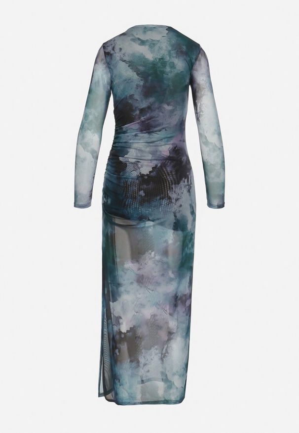 Born2be - Zielona Sukienka o Dopasowanym Fasonie Bodycon z Rozcięciem i Marmurkowym Wzorem Urientia. Kolor: zielony. Długość rękawa: długi rękaw. Typ sukienki: bodycon. Styl: elegancki