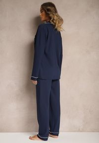Renee - Granatowa Piżama z Bawełny Spodnie z Gumką w Pasie i Koszula Amiremi. Kolekcja: plus size. Kolor: niebieski. Materiał: bawełna #4