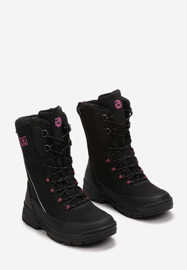 Born2be - Czarno-Fuksjowe Sportowe Botki z Wysoką Cholewką Ocieplone Fardana. Okazja: na uczelnię, na co dzień. Wysokość cholewki: przed kolano. Kolor: czarny. Materiał: jeans. Szerokość cholewki: normalna. Styl: sportowy