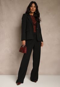 Renee - Czarny Komplet Garniturowy z Wiskozą Spodnie Wide Leg i Marynarka na Guzik Tevrina. Kolor: czarny. Materiał: wiskoza #3