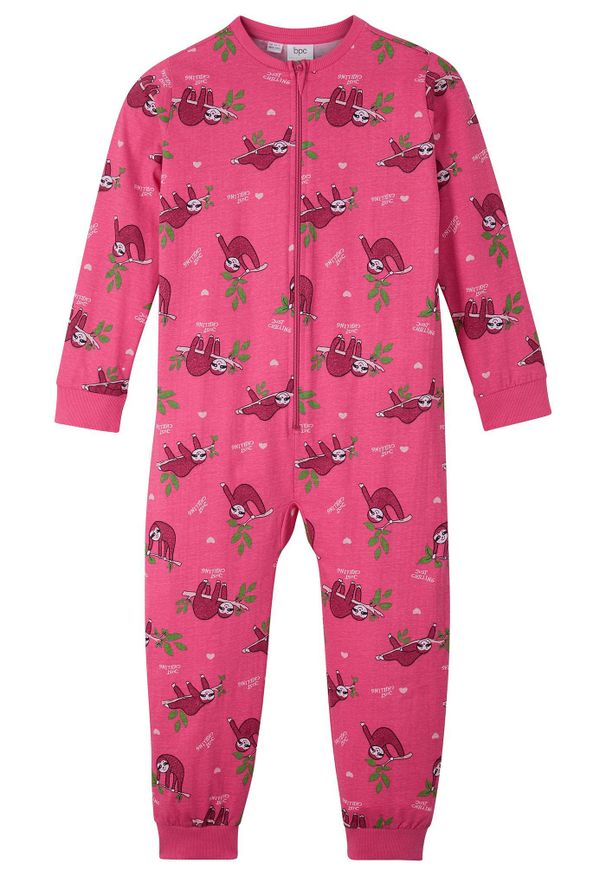 bonprix - Piżama jednoczęściowa z czystej bawełny organicznej. Kolor: różowy. Materiał: bawełna. Wzór: nadruk, aplikacja