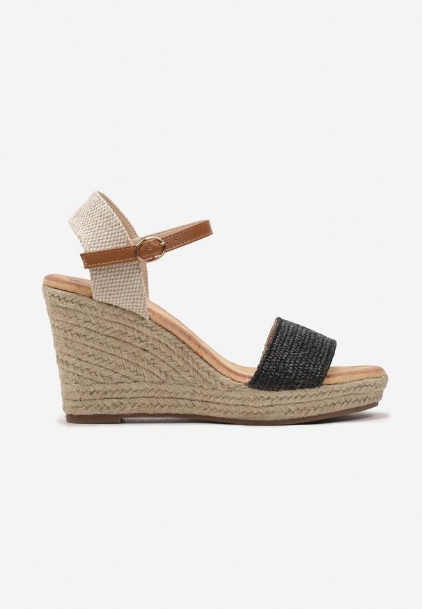Born2be - Czarne Sandały na Plecionym Koturnie z Zapięciem wokół Kostki Bilivia. Kolor: czarny. Sezon: lato. Obcas: na koturnie. Styl: elegancki