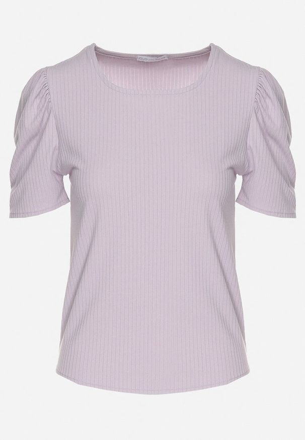 Born2be - Jasnofioletowy Prążkowany T-shirt z Zakładkami przy Rękawach Kolanovia. Okazja: na co dzień. Kolor: fioletowy. Materiał: prążkowany. Styl: casual