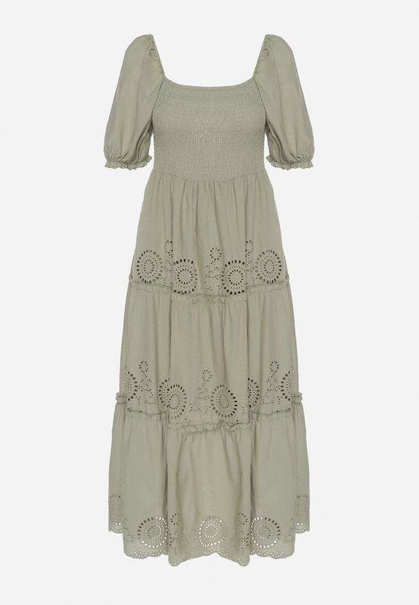 Born2be - Zielona Bawełniana Sukienka z Haftowanym Wzorem Iffanella. Okazja: na co dzień, na spacer. Kolor: zielony. Materiał: bawełna. Wzór: haft. Sezon: lato. Styl: casual, elegancki