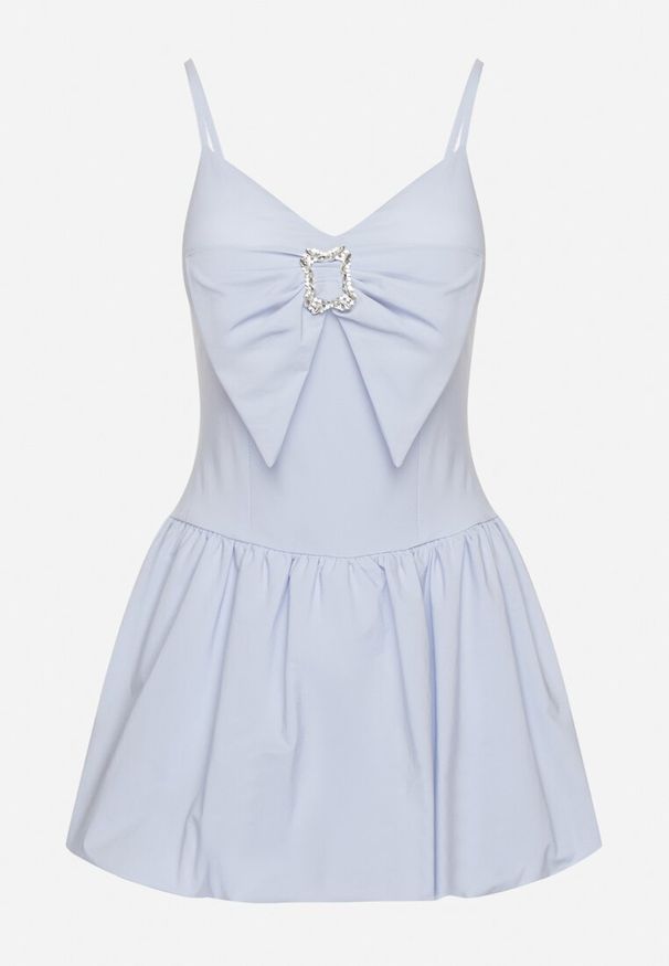 Born2be - Jasnoniebieska Sukienka Bombka na Cienkich Ramiączkach z Kokardą i Cyrkoniami Paliandria. Okazja: na imprezę. Typ kołnierza: kokarda. Kolor: niebieski. Długość rękawa: na ramiączkach. Wzór: aplikacja. Sezon: lato. Typ sukienki: bombki. Styl: elegancki