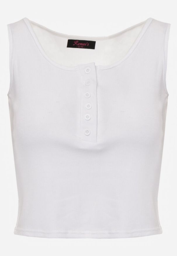 Renee - Biały Bawełniany Tank Top w Prążki z Ozdobnymi Guziczkami Bernissa. Okazja: na imprezę, na co dzień. Kolor: biały. Materiał: bawełna. Wzór: prążki. Styl: casual