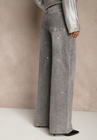 Renee - Szare Jeansy High Waist Wide Leg ze Świecącymi Drobinkami Luiza. Okazja: na co dzień. Stan: podwyższony. Kolor: szary. Styl: casual, elegancki #2