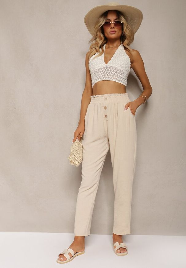 Renee - Beżowe Spodnie Typu Paper Bag High Waist z Gumką w Talii Salvavia. Okazja: na co dzień. Stan: podwyższony. Kolor: beżowy. Styl: casual, elegancki