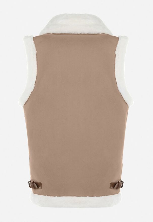 Born2be - Beżowa Kamizelka Bezrękawnik w Stylu Biker z Ekozamszu z Futerkiem Terone. Kolor: beżowy. Materiał: futro. Długość rękawa: bez rękawów. Wzór: aplikacja