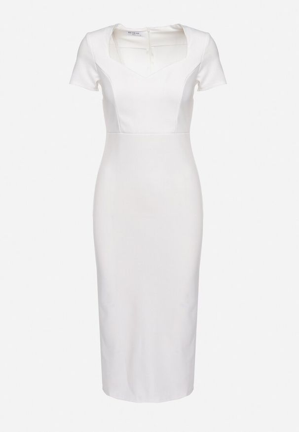 Born2be - Biała Taliowana Koktajlowa Sukienka z Wiskozą i Rozcięciem z Tyłu Castorea. Okazja: na co dzień. Kolor: biały. Materiał: wiskoza. Długość rękawa: krótki rękaw. Styl: wizytowy