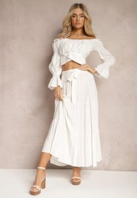 Renee - Biała Rozkloszowana Spódnica Maxi z Wiskozy z Materiałowymi Paskami Wintelis. Okazja: do pracy. Kolor: biały. Materiał: wiskoza, materiał. Wzór: paski. Styl: elegancki #3