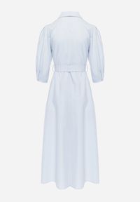 Renee - Niebieska Bawełniana Sukienka Koszulowa w Stylu Retro z Wiązanym Paskiem Meresa. Okazja: na randkę. Kolor: niebieski. Materiał: bawełna. Sezon: lato. Typ sukienki: koszulowe. Styl: retro #2