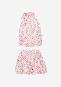 Born2be - Różowy Komplet z Bawełny i Wiskozy Top z Wiązaniem i Szorty o Kroju Bombki Nabeora. Kolor: różowy. Materiał: bawełna, wiskoza. Wzór: kropki #3