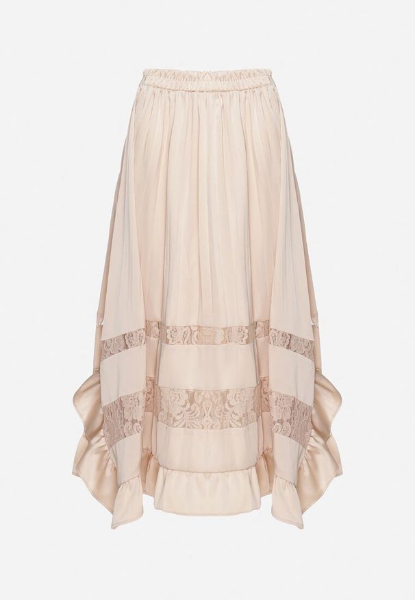 Born2be - Beżowa Plisowana Spódnica o Asymetrycznym Kroju z Gumką w Talii i Koronką Qeslifea. Kolor: beżowy. Materiał: koronka. Wzór: koronka. Styl: elegancki