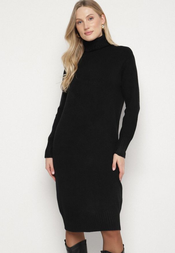 Born2be - Czarna Dzianinowa Sukienka z Bawełną o Prostym Kroju z Golfem Tesala. Okazja: do pracy, na spotkanie biznesowe. Typ kołnierza: golf. Kolor: czarny. Materiał: dzianina, bawełna. Wzór: jednolity. Typ sukienki: proste. Styl: klasyczny, biznesowy