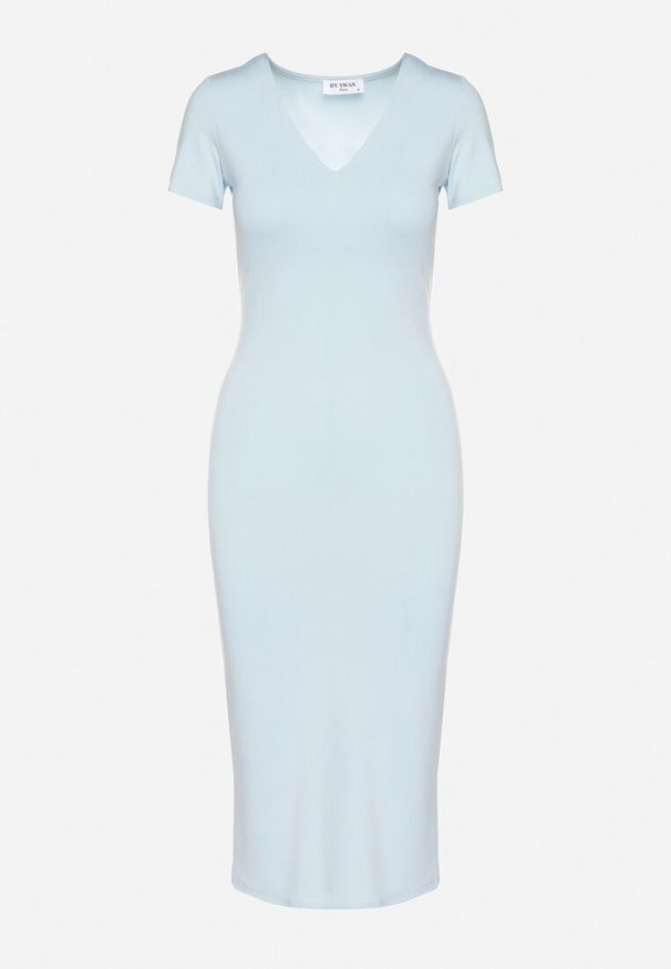 Born2be - Jasnoniebieska Sukienka Dopasowana Bodycon z Dekoltem w Serek Efricene. Okazja: na co dzień. Typ kołnierza: dekolt w serek. Kolor: niebieski. Materiał: jeans. Długość rękawa: krótki rękaw. Typ sukienki: bodycon. Styl: klasyczny, casual