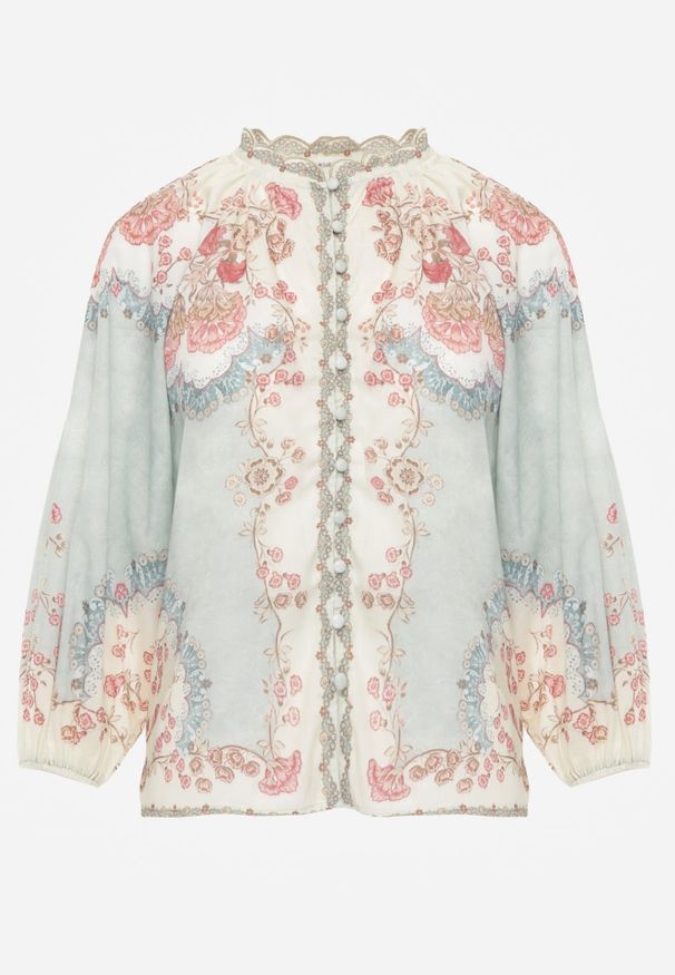 Renee - Zielona Koszula ze Stójką w Kwiatowy Print Dorirecea. Okazja: na co dzień. Typ kołnierza: kołnierzyk stójkowy. Kolor: zielony. Materiał: jeans. Wzór: kwiaty, nadruk. Styl: casual, retro, elegancki