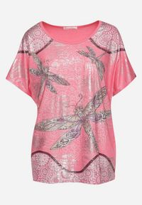 Born2be - Różowy Bawełniany T-shirt z Krótkim Rękawem oraz Nadrukiem i Cyrkoniami Ridsa. Kolor: różowy. Materiał: bawełna. Długość rękawa: krótki rękaw. Długość: krótkie. Wzór: nadruk #4