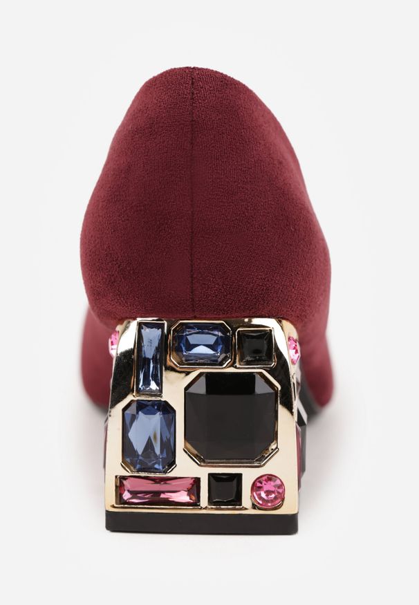 Born2be - Bordowe Czółenka na Ozdobnym Obcasie z Kryształkami i Skórzaną Wkładką Oviria. Okazja: do pracy, na co dzień, na spotkanie biznesowe. Kolor: czerwony. Materiał: skóra. Wzór: aplikacja. Obcas: na obcasie. Styl: biznesowy, casual, wizytowy. Wysokość obcasa: średni