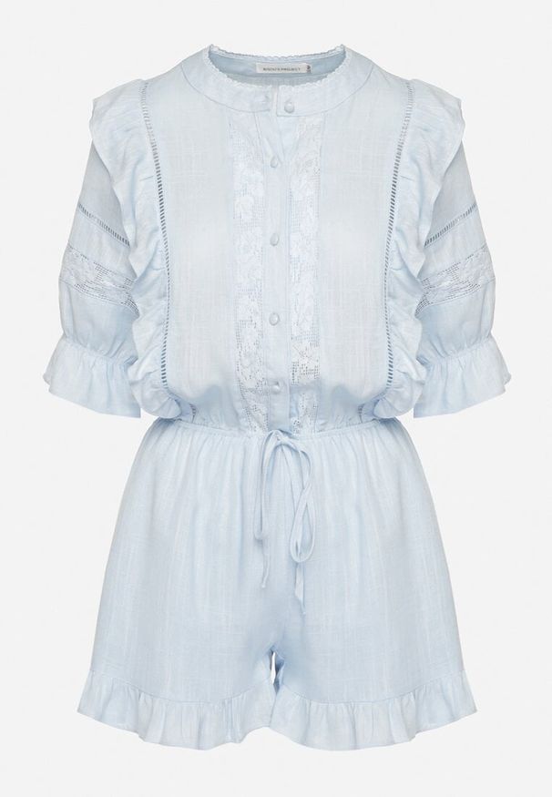 Born2be - Jasnoniebieski Kombinezon z Lnu i Wiskozy w Stylu Boho z Falbankami i Koronką Linalisse. Okazja: na co dzień. Kolor: niebieski. Materiał: koronka, len, wiskoza. Wzór: koronka. Styl: boho