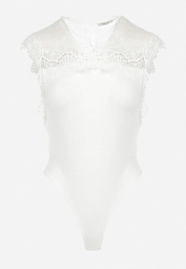 Born2be - Białe Body z Siateczką i Koronką Lemna. Kolor: biały. Materiał: koronka. Długość rękawa: bez rękawów. Wzór: koronka. Styl: klasyczny