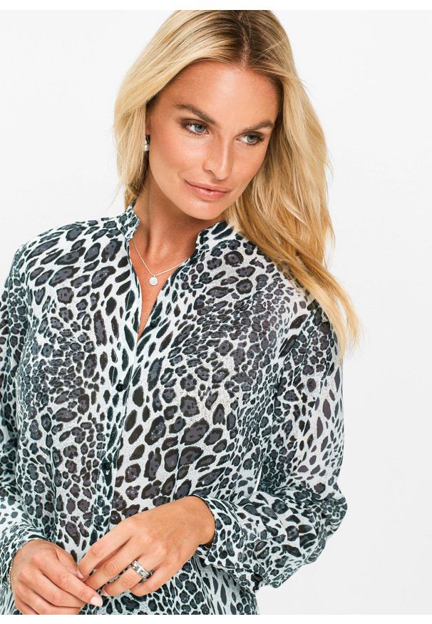 bonprix - Długa bluzka szyfonowa. Kolor: czarny. Materiał: szyfon. Długość: długie. Wzór: motyw zwierzęcy. Styl: elegancki