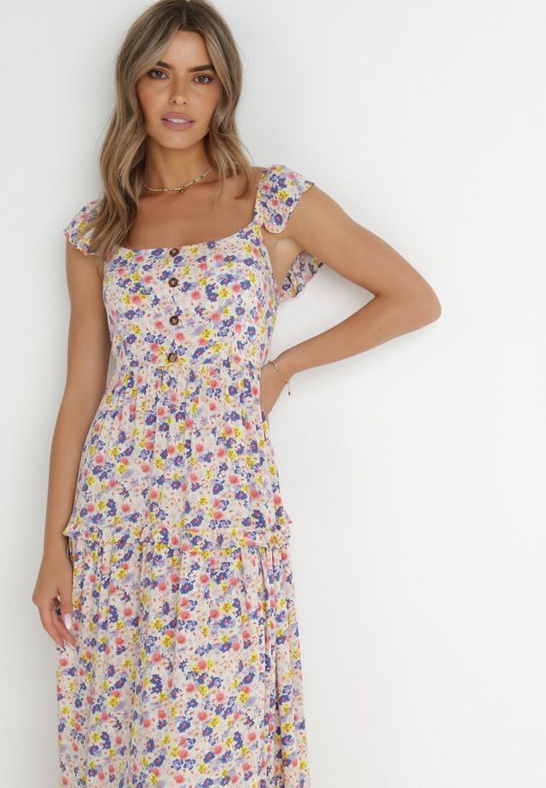 Born2be - Biało-Różowa Sukienka Maibe. Kolor: różowy. Materiał: tkanina. Długość rękawa: na ramiączkach. Wzór: kwiaty, nadruk, aplikacja. Sezon: wiosna, lato. Typ sukienki: trapezowe. Styl: boho. Długość: maxi