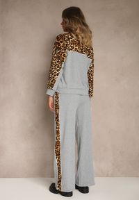 Renee - Szary Komplet Dresowy z Panterkowymi Wstawkami Bluza i Spodnie Wide Leg Redrie. Kolor: szary. Materiał: dresówka. Wzór: motyw zwierzęcy, aplikacja #4