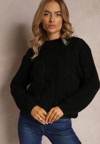 Renee - Czarny Sweter o Klasycznym Fasonie z Modnym Splotem Siloma. Okazja: na co dzień. Kolor: czarny. Wzór: ze splotem. Styl: klasyczny #3