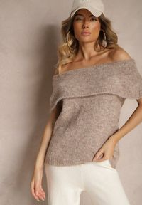 Renee - Beżowy Sweter Top z Hiszpańskim Wywijanym Dekoltem z Wełną Inarose. Kolor: brązowy. Materiał: wełna #4