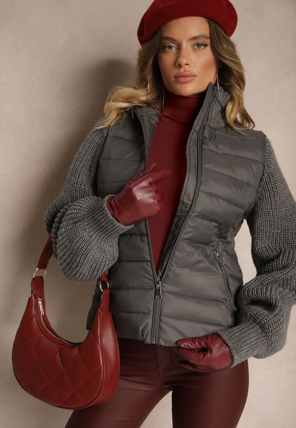 Renee - Szara Kurtka ze Sweterkowego Materiału i z Ozdobnym Pikowaniem Vertinae. Okazja: do pracy, na co dzień, na spotkanie biznesowe. Kolor: szary. Materiał: materiał. Styl: casual, klasyczny, biznesowy