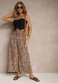 Renee - Beżowo-Brązowe Spodnie Wide Leg z Gumką w Talii w Panterkowy Wzór Filanira. Okazja: na co dzień. Kolor: czarny. Styl: elegancki, casual