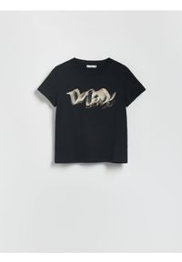 Reserved - T-shirt z połyskującym nadrukiem - czarny. Kolor: czarny. Materiał: bawełna, dzianina. Wzór: nadruk