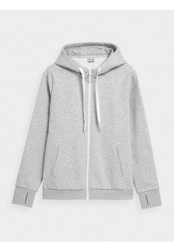 4f - Bluza dresowa rozpinana z kapturem damska. Typ kołnierza: kaptur. Kolor: szary. Materiał: dresówka