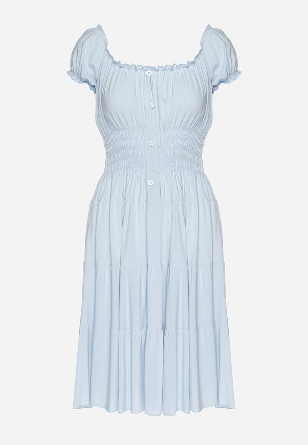 Born2be - Jasnoniebieska Bawełniana Rozkloszowana Sukienka z Guzikami i Bufiastymi Rękawami Annivi. Okazja: na co dzień. Kolor: niebieski. Materiał: bawełna. Styl: casual, klasyczny, elegancki
