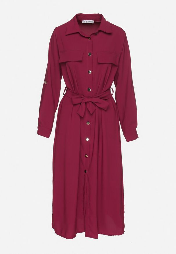 Born2be - Bordowa Koszulowa Sukienka z Eleganckimi Guzikami i Wiązanym Paskiem w Talii Kortella. Okazja: na co dzień, na spotkanie biznesowe. Typ kołnierza: dekolt w serek. Kolor: czerwony. Długość rękawa: długi rękaw. Typ sukienki: koszulowe. Styl: elegancki