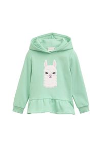 bonprix - Bluza z kapturem marki Tom Tailor z falbaną. Typ kołnierza: kaptur. Kolor: zielony. Wzór: aplikacja