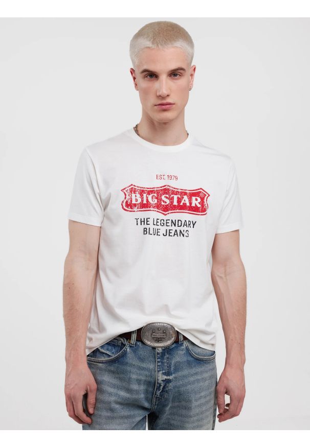 Big-Star - Koszulka męska z nadrukiem biała Millaner 101. Kolor: biały. Materiał: dzianina, jeans, skóra, bawełna. Wzór: nadruk. Styl: klasyczny