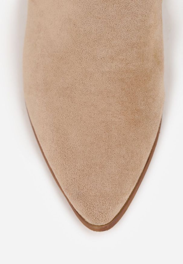 Renee - Beżowe Botki Kowbojki Vices na Słupku z Ażurową Cholewką Selahra. Okazja: na co dzień. Kolor: beżowy. Materiał: jeans, len, koronka. Szerokość cholewki: normalna. Wzór: ażurowy. Obcas: na słupku. Styl: casual. Wysokość obcasa: średni